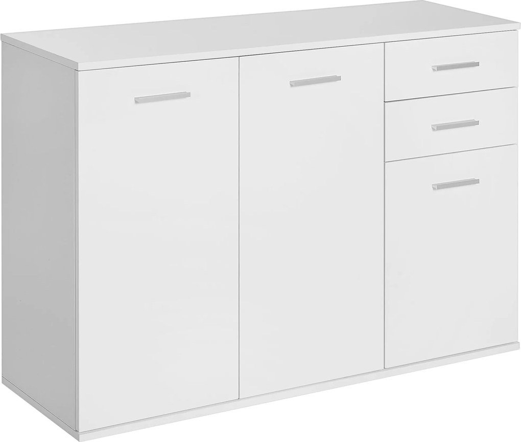 HOMCOM Konyhai Tálalószekrény 2 Ajtóval, Nappali Büfé 2 Fiókkal, Állítható Polc, Modern Stílus, Étkezőbe, 106x35x76cm, Fényes Fehér | Aosom