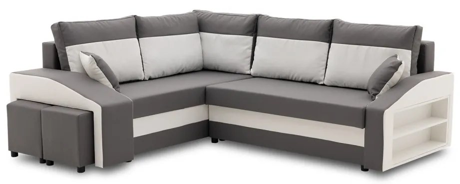 Grande sarokkanapé polcokkal és puffokkal , polc a jobb karfaban puffok a bal karfaban, baloldali, szövet anyag, bonell töltet, szürke - fehér