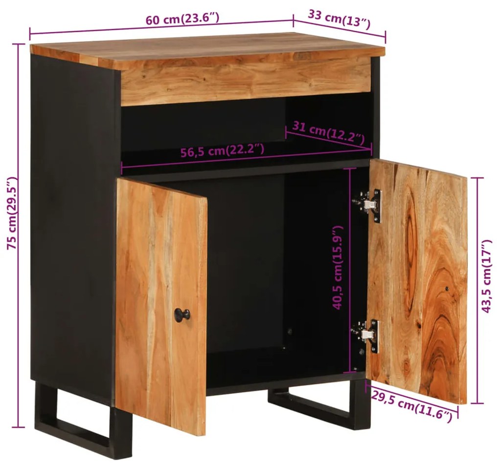 tömör akácfa tálalószekrény 2 ajtóval 60 x 33 x 75 cm