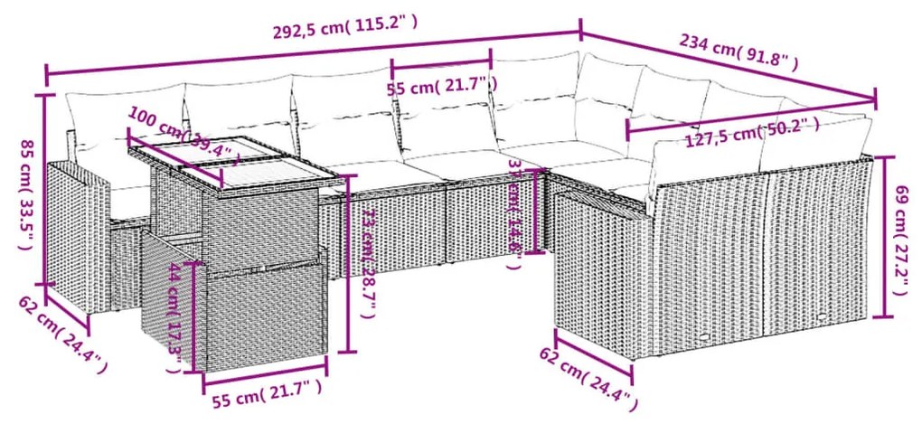 10 részes szürke polyrattan kerti ülőgarnitúra párnákkal