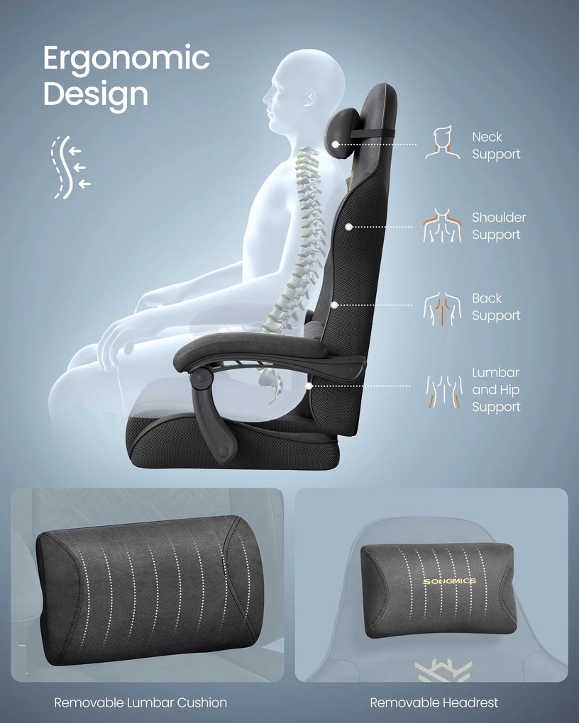 Ergonomikus játékos szék lábtartóval, karfákkal, tintafekete