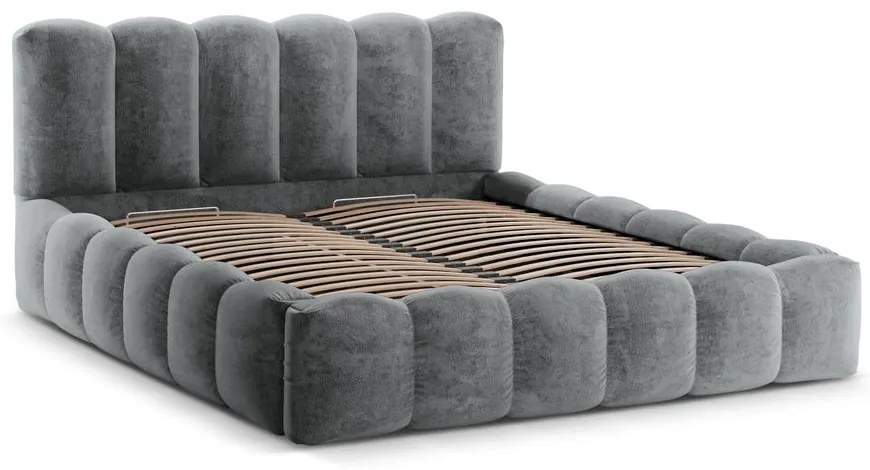 Szürke kárpitozott ágyneműtartós franciaágy ágyráccsal 200x200 cm Lupine – Micadoni Home