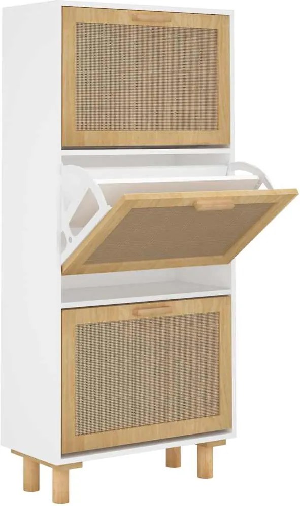 vidaXL fehér szerelt fa és természetes rattan cipőszekrény 52x25x115cm