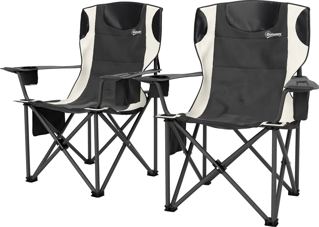 Outsunny 2 db összecsukható Kemping Szék Karfával, Pohártartóval, Fejtámlával, Hűtőtáskával - 120 kg teherbírású, párnázott Horgász Szék Kerti Szék Ke
