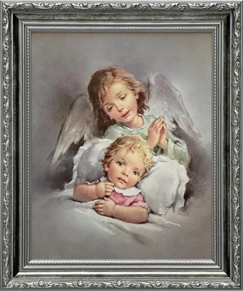 Vászonkép 31x26 Őrangyal Angyal Ezüst Díszített Keresztelő Ajándék Keret