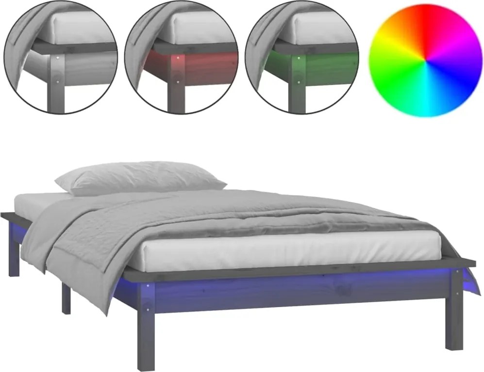 vidaXL szürke tömör fa LED-es ágykeret 100 x 200 cm