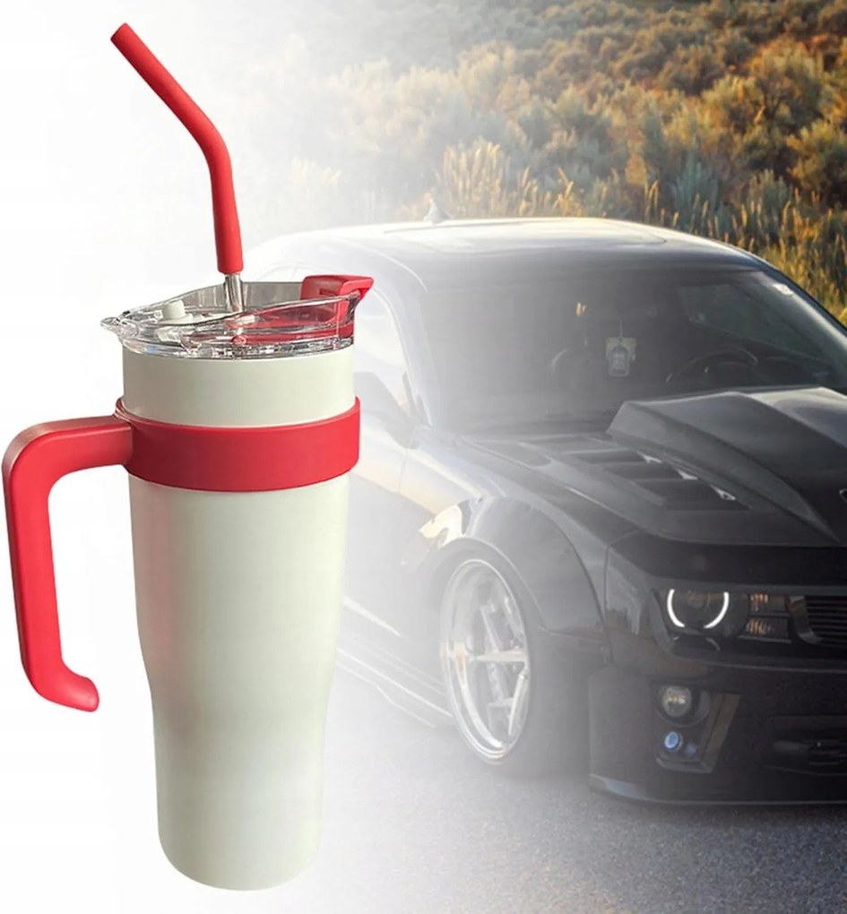 Nagy Termo Bögre Szívószállal Termosz Tartóval Fehér-piros