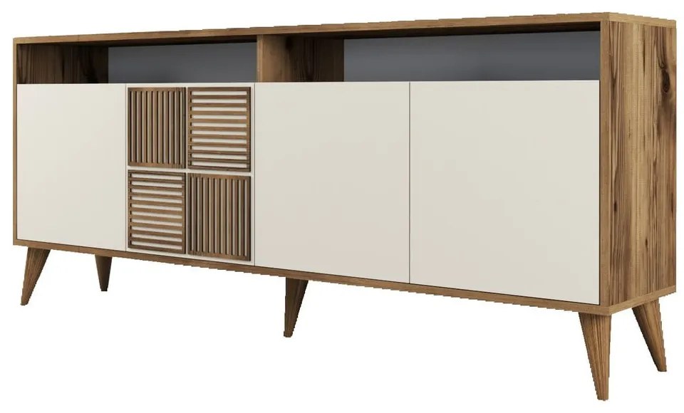 Krémszínű-natúr színű alacsony komód diófa dekorral 180x79 cm Milan – Kalune Design