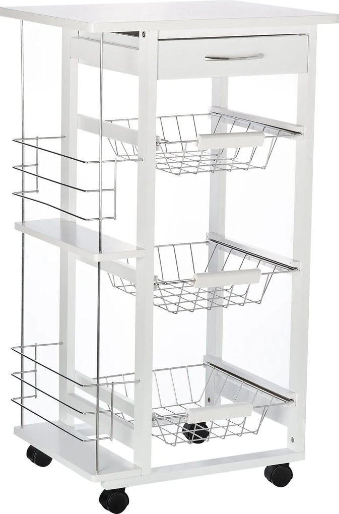 HOMCOM Konyhai Szervizkocsi Kerekekkel, Több Tárolási Lehetőséggel, 3 Fém Kosárral, Fiókkal + 2 Üvegtartóval, Fehér Fenyőfa | Aosom