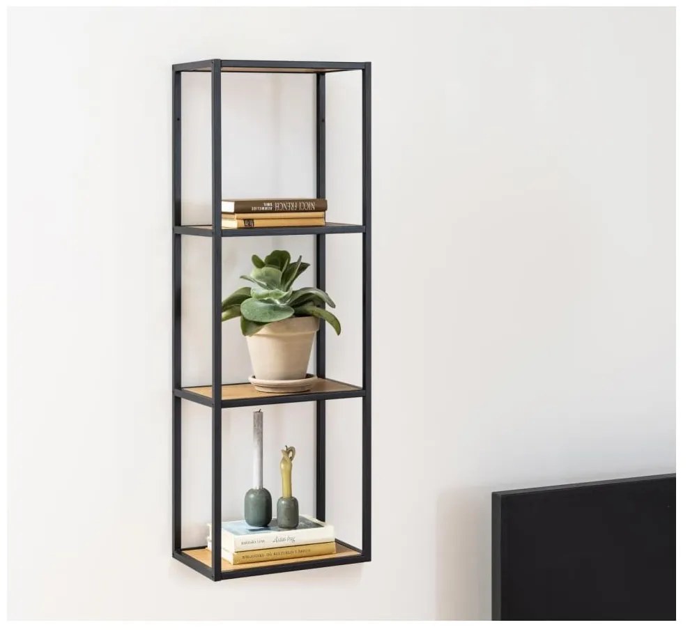 Fekete-natúr színű fali könyvespolc tölgyfa dekorral 37x108 cm Seaford – Actona