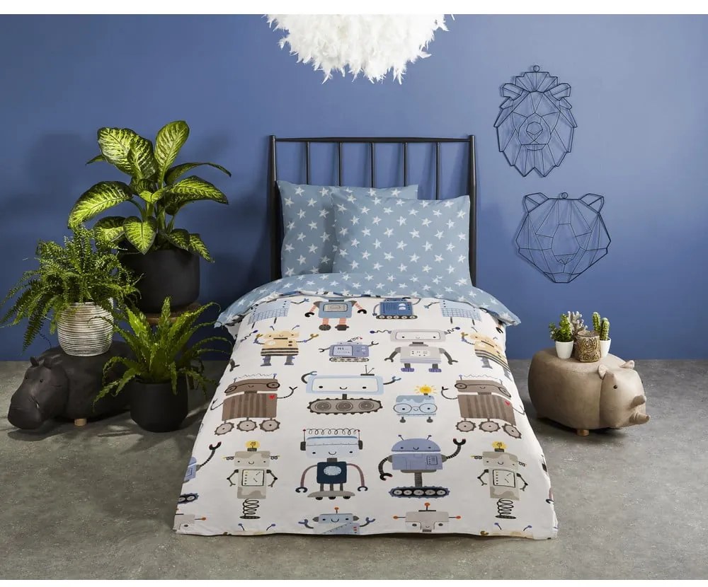 Kék-bézs egyszemélyes pamut gyerek ágyneműhuzat 140x200 cm Robo – Good Morning
