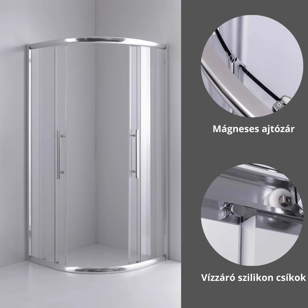 Stuxi Nizza 80x80 cm íves két tolóajtós zuhanykabin 6 mm vízlepergető biztonsági üveggel, króm elemekkel, 190 cm magas