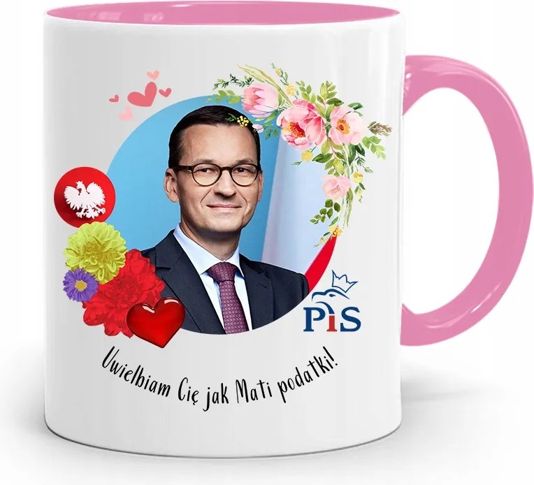 Rózsaszín Politikai Bögre Mateusz Morawiecki Miniszterelnök fényképes nyomtatással