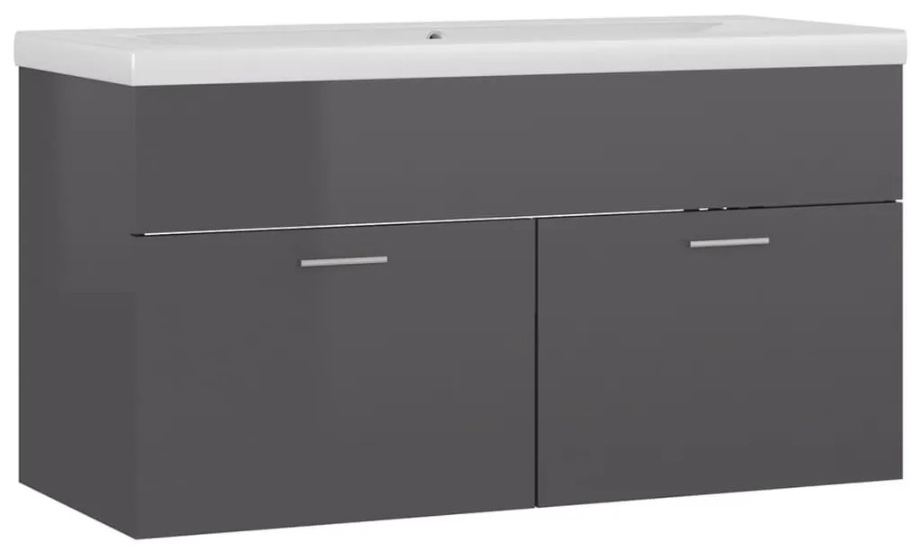 Magasfényű szürke szerelt fa mosdószekrény beépített kagylóval