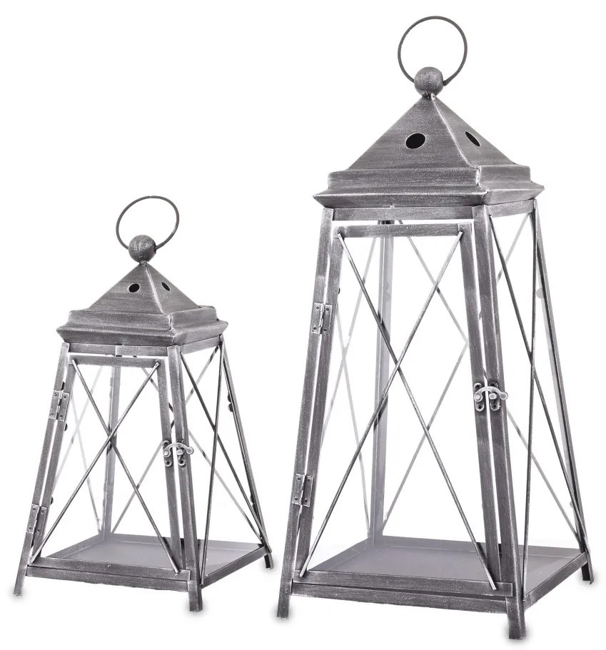 Vintage szürke szögletes 2db-os áttört fém lámpás lantern szett fogantyúval 37,5x21x21 / 55x25x25cm