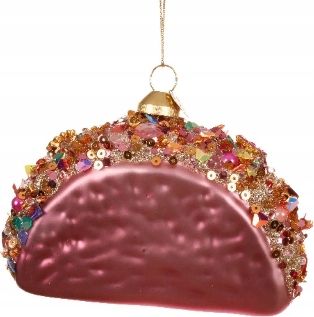 Üveggömb rózsaszín taco flitterekkel 11cm