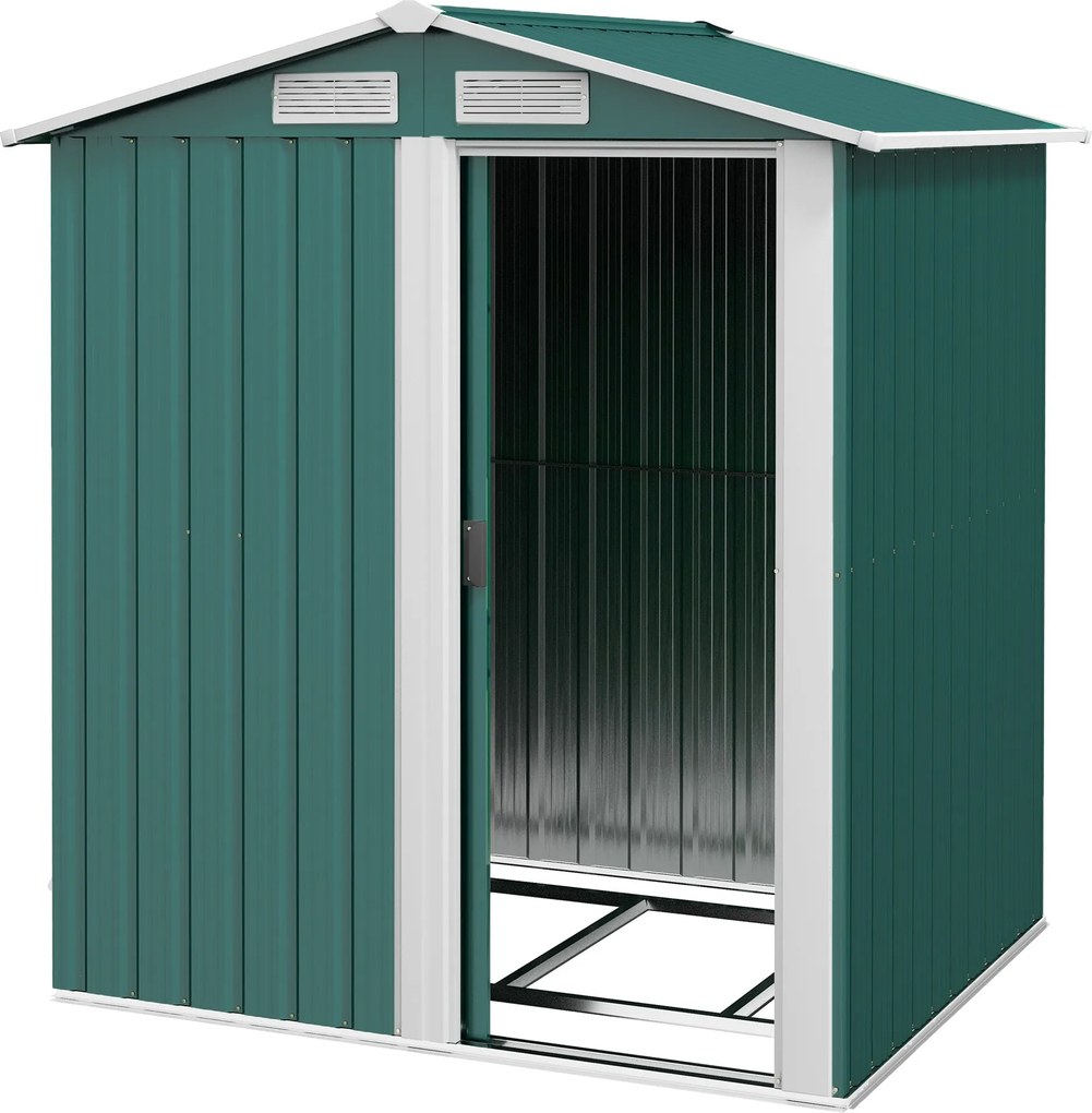 Outsunny 1.7m² Kerti Tároló Galvanizált Acélból, 4 Szellőzőnyílással, Ferde Tetővel, Csúszóajtóval, 152x132x188 cm, Zöld | Aosom
