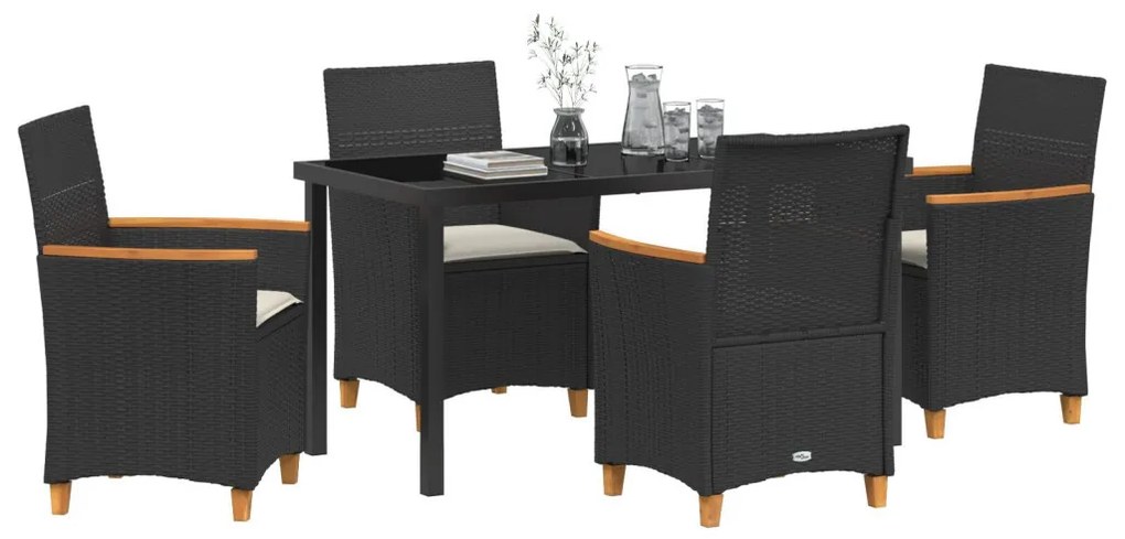 5 darabos kerti étkezőszett párnákkal, fekete poly rattan