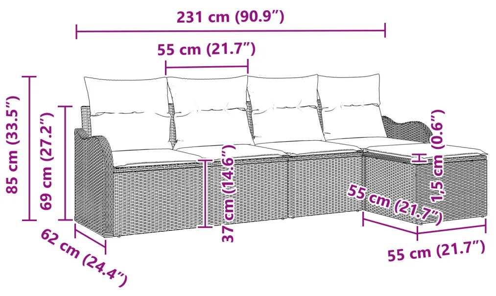 5 Darabos Kert Kanapé Szett Párnákkal Barna Poli Rattan, 2 Személyes Kert Kanapé Párnákkal Barna Poli Rattan