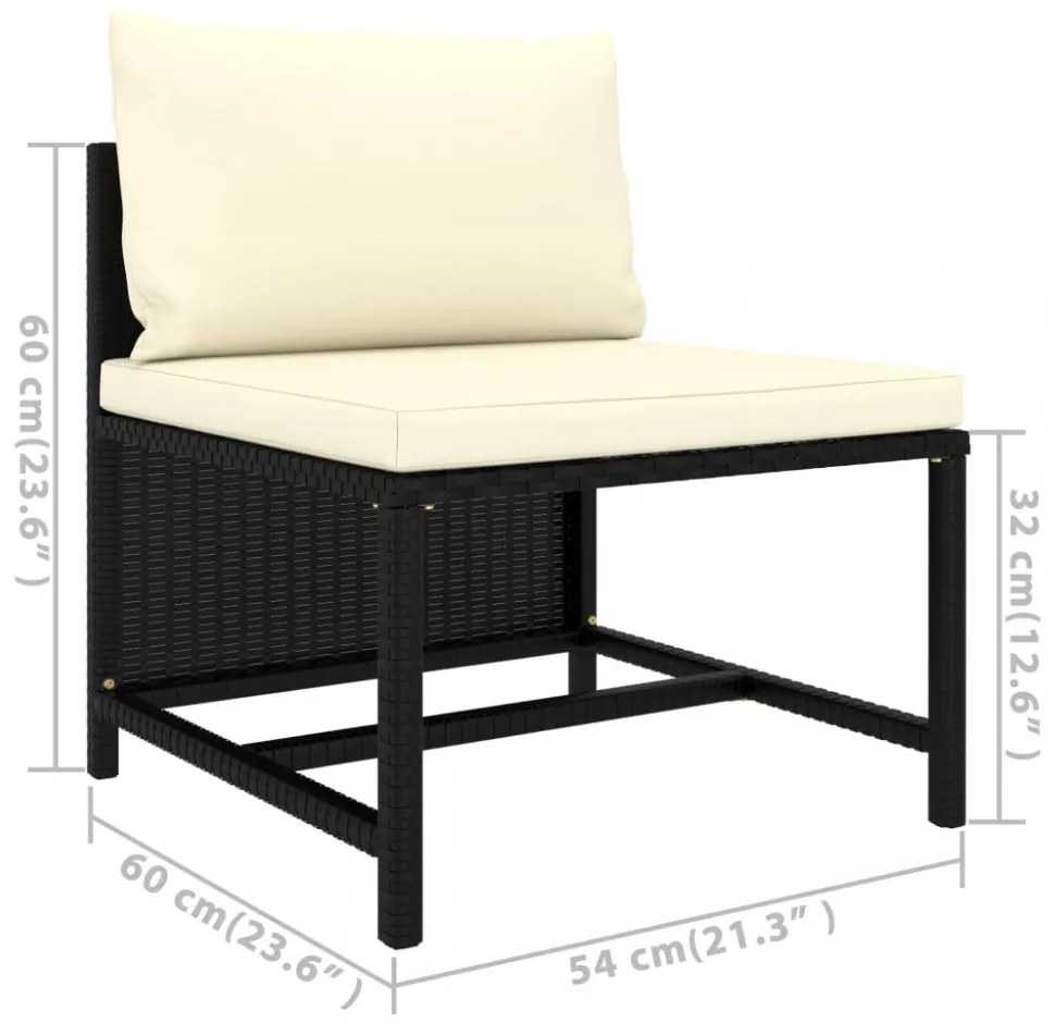 7 részes fekete polyrattan kerti bútorszett párnákkal