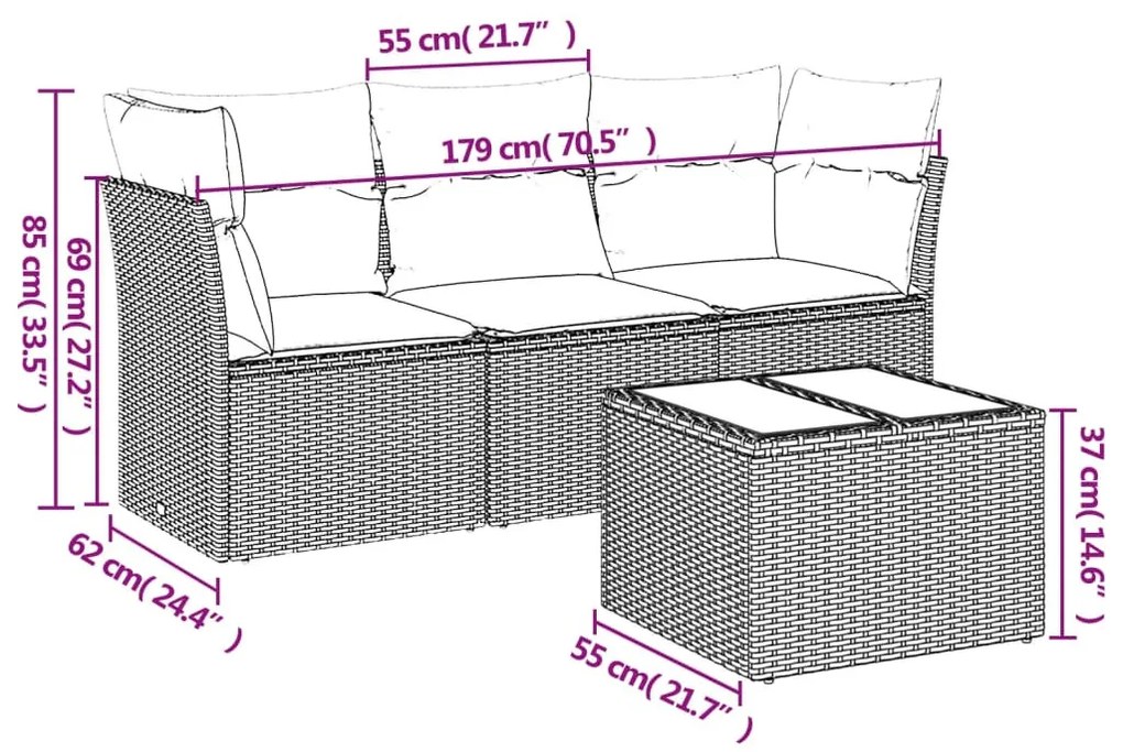 4 részes barna polyrattan kerti ülőgarnitúra párnákkal