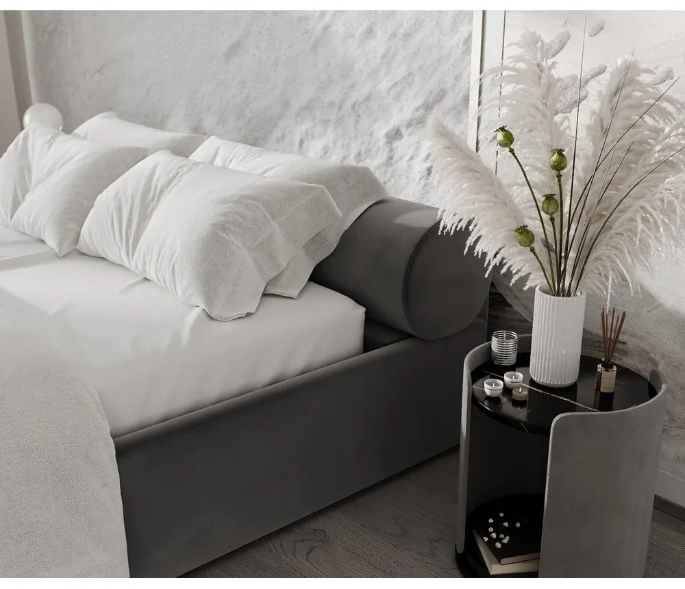 Sötétszürke kárpitozott ágyneműtartós franciaágy ágyráccsal 200x200 cm Solvo – Maison de Rêve