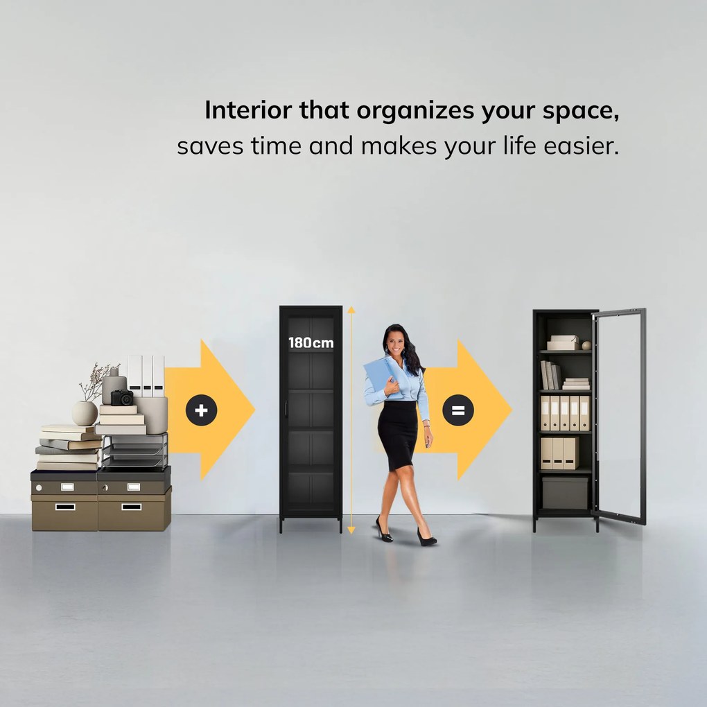 Fekete üveg vitrin nappaliba, fém lábakon LUIGI Modern 500 x 1800 x 350 mm