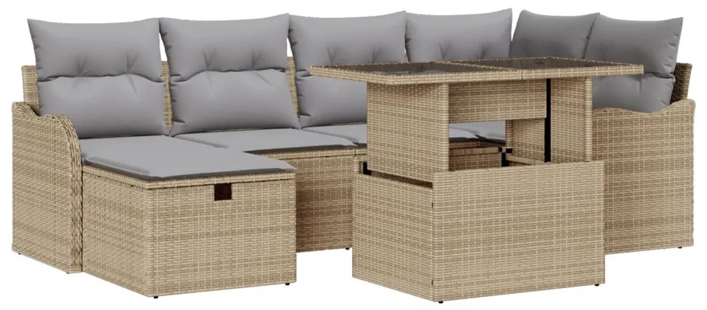 7 Darabos Kert Sofa Szett Párnákkal Bézs Polirattan, 2-Fős Kert Sofa Párnákkal Bézs Polirattan