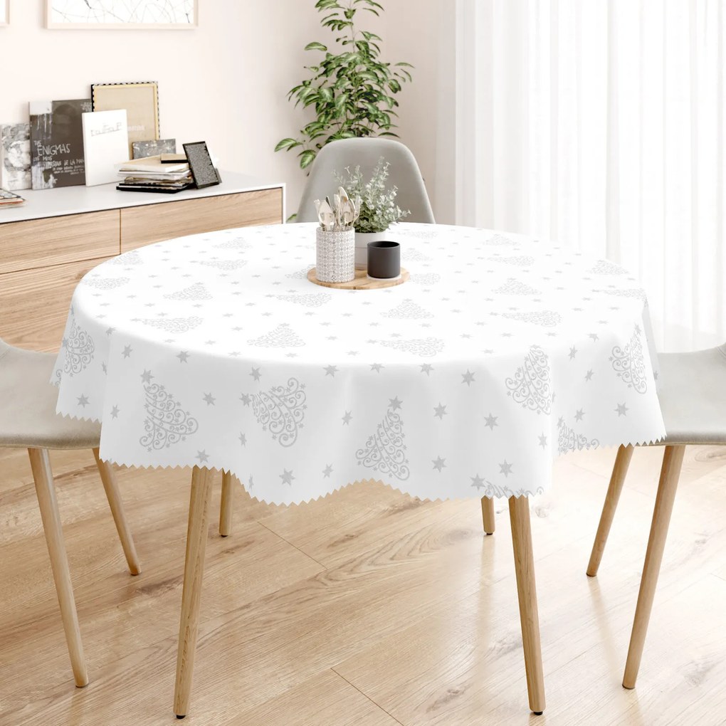 Goldea karácsonyi kör alakú teflonos terítő - ezüstszínű karácsonyfák és csillagok Ø 130 cm