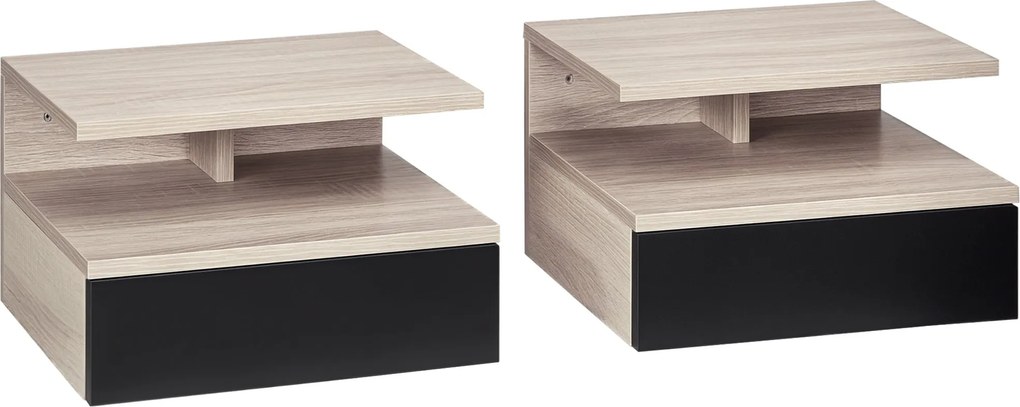 HOMCOM 2 db F Floating Éjjeli Szekrény, Függesztett Ágytáblák 1 Fiókkal és Nyitott Polccal, 35x32x22.5 cm Tölgy és Fekete | Aosom