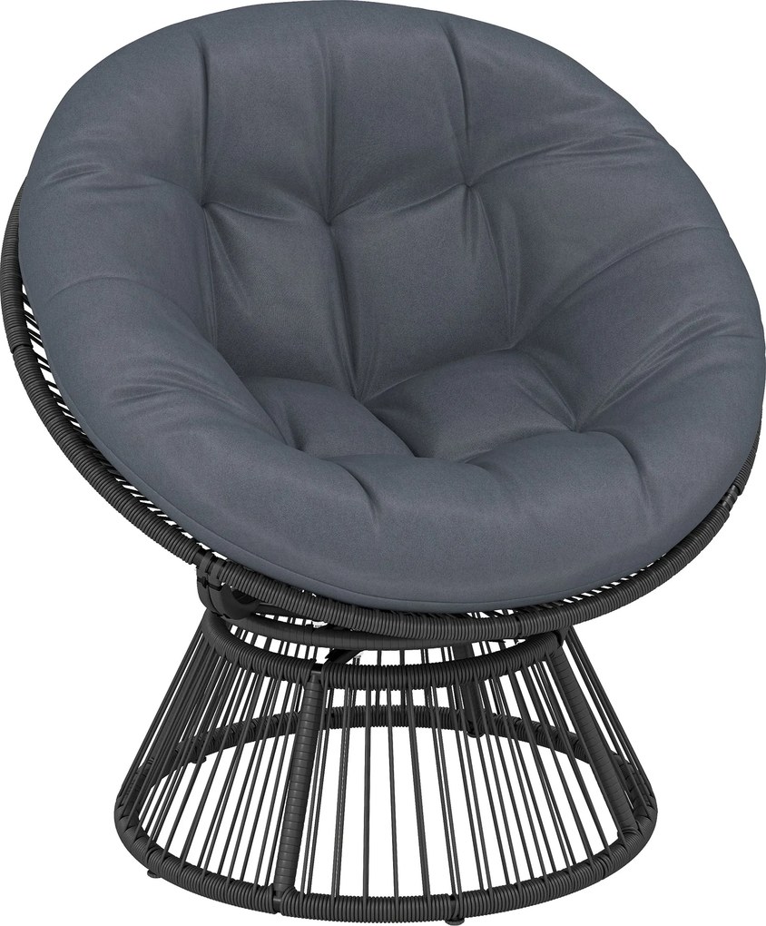 Outsunny 360° forgatható Papasan fotel – kerek polyrattan pihenő párnával, acél váz, szürke | Aosom