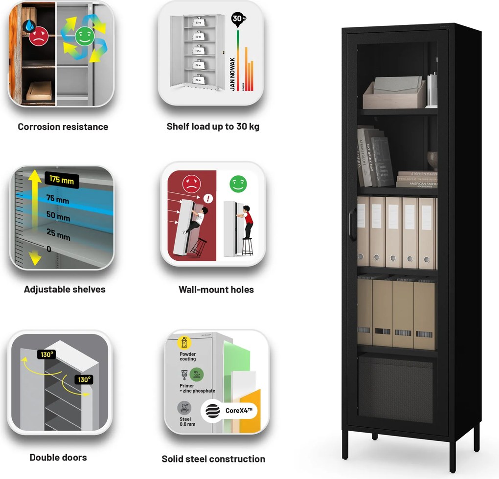 Fekete üveg vitrin nappaliba, fém lábakon LUIGI Modern 500 x 1800 x 350 mm