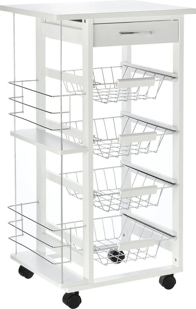HOMCOM Konyhai Kocsi Kerekekkel, Többfunkciós Kocsi Fiókkal, 4 Eltávolítható Fémdobozt és Oldalsó Polcokat Tartalmaz 47x37x83 cm Fehér | Aosom