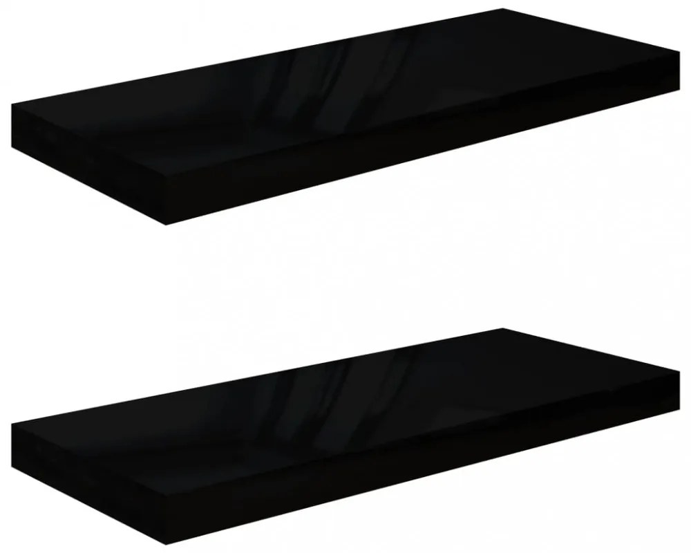 2 db magasfényű fekete MDF lebegő fali polc 60 x 23,5 x 3,8 cm