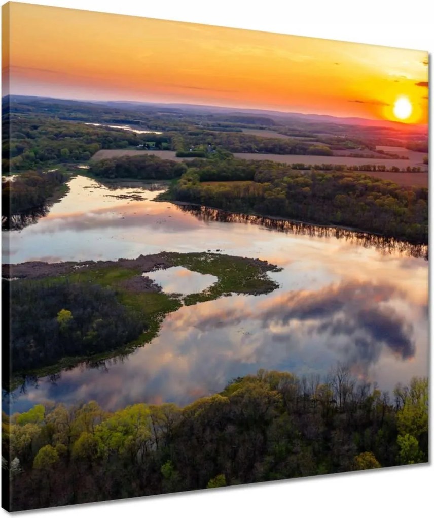 Vászonkép 50x50 Folyó erdő naplemente