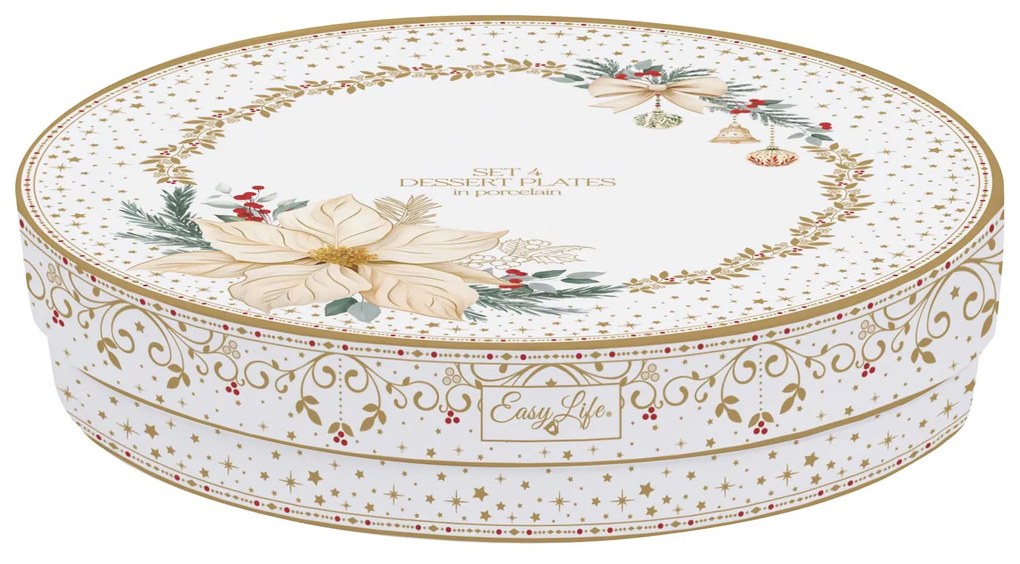 Karácsonyi porcelán desszertes tányér 4 db szett díszdobozban fehér arany mikulásvirág White Elegance