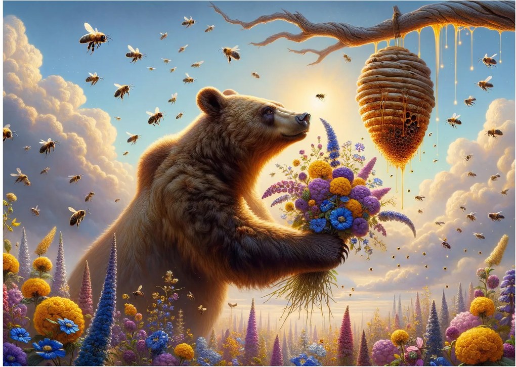 Üveg kép - Medve és méhek (70x50 cm)
