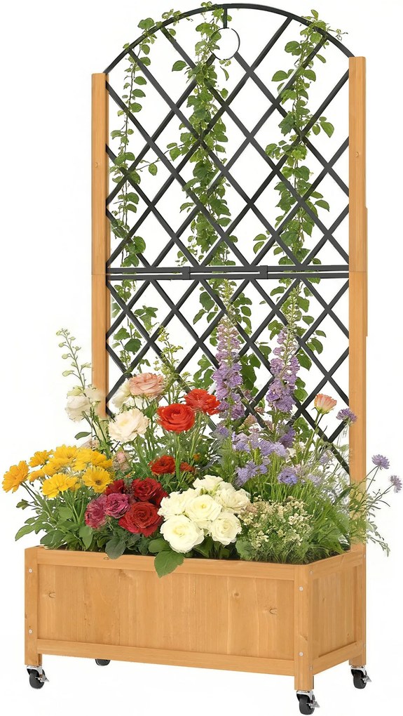 Outsunny emelt fenyő virágláda rácssal és kerekekkel, 72 x 36 x 168 cm | Aosom