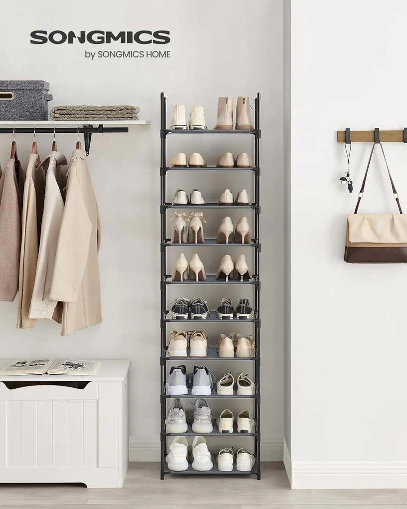 10 szintes cipőtartó, cipőállvány,  45 x 28 x 173 cm, fém váz, szürke