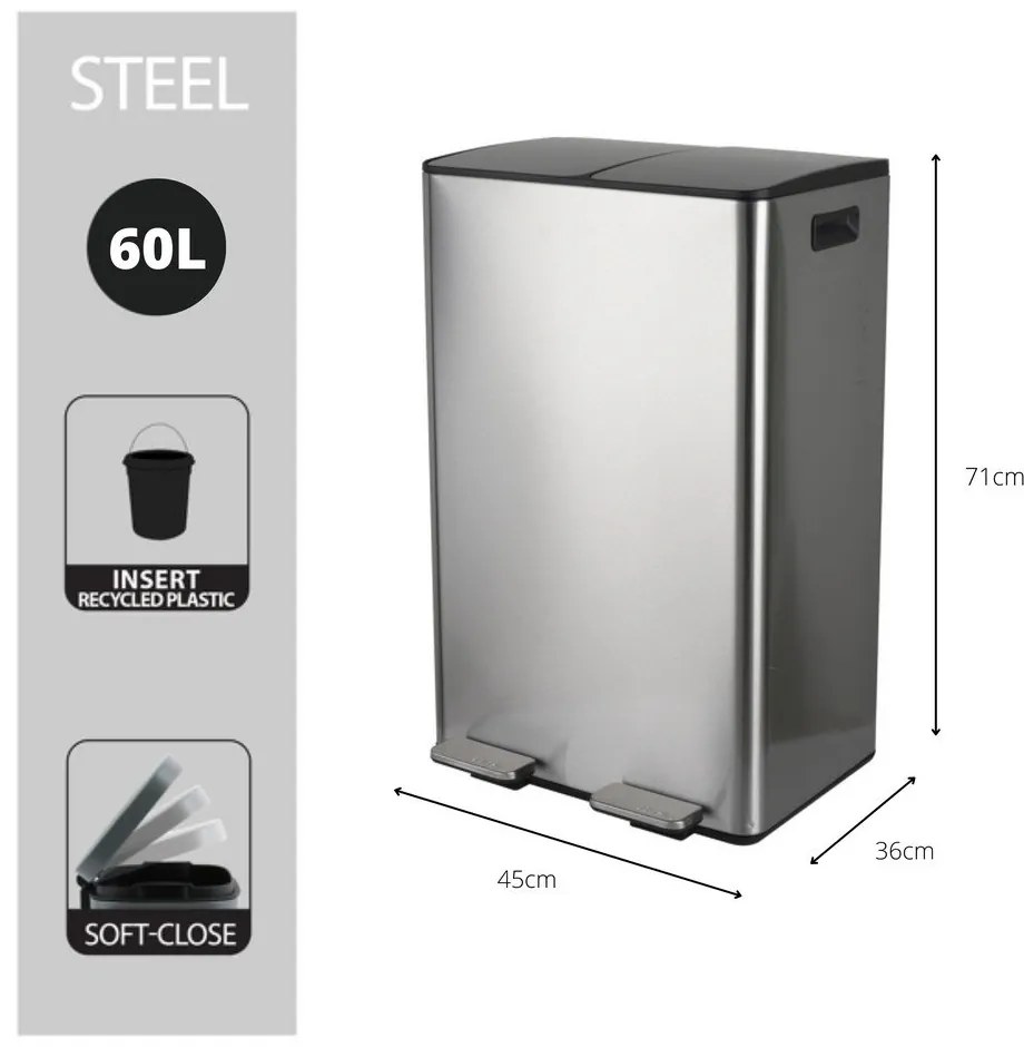 Matt ezüstszínű acél szelektív pedálos szemetes 2x30 l Aliya – Spirella