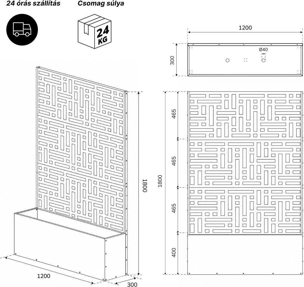 Fém kerti pergola virágládával 3in1, fekete, 1200x1800x300 mm: ROSE