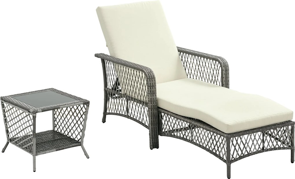 Outsunny PE Rattan Napozóágy és Kávézó Asztal Szett, állítható Napozóágy 5 Pozícióban és Kéttierű Asztal, Krémfehér | Aosom