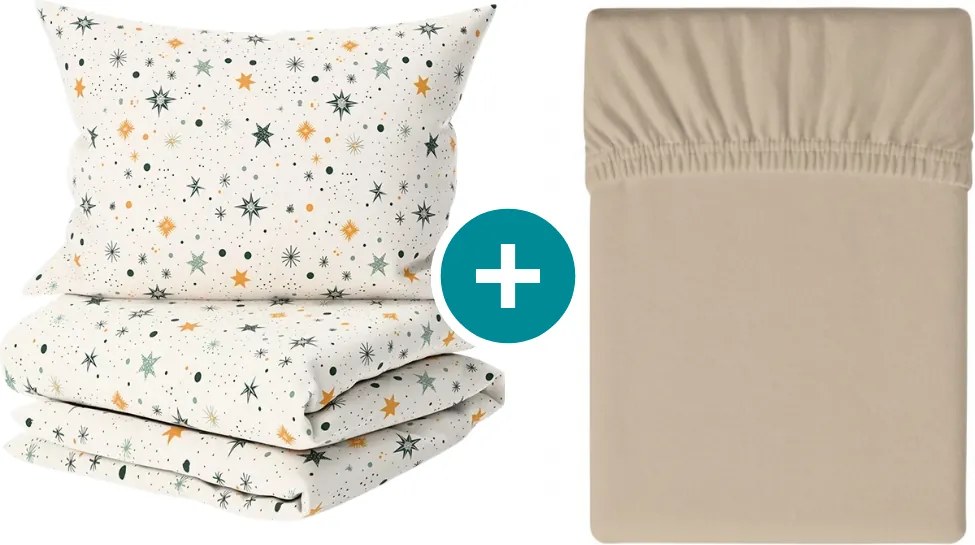 Krepp ágyneműhuzat szett ASTORIA POLY krémszínű + Jersey lepedő 90 x 200 cm kapucsínó, egyszemélyes