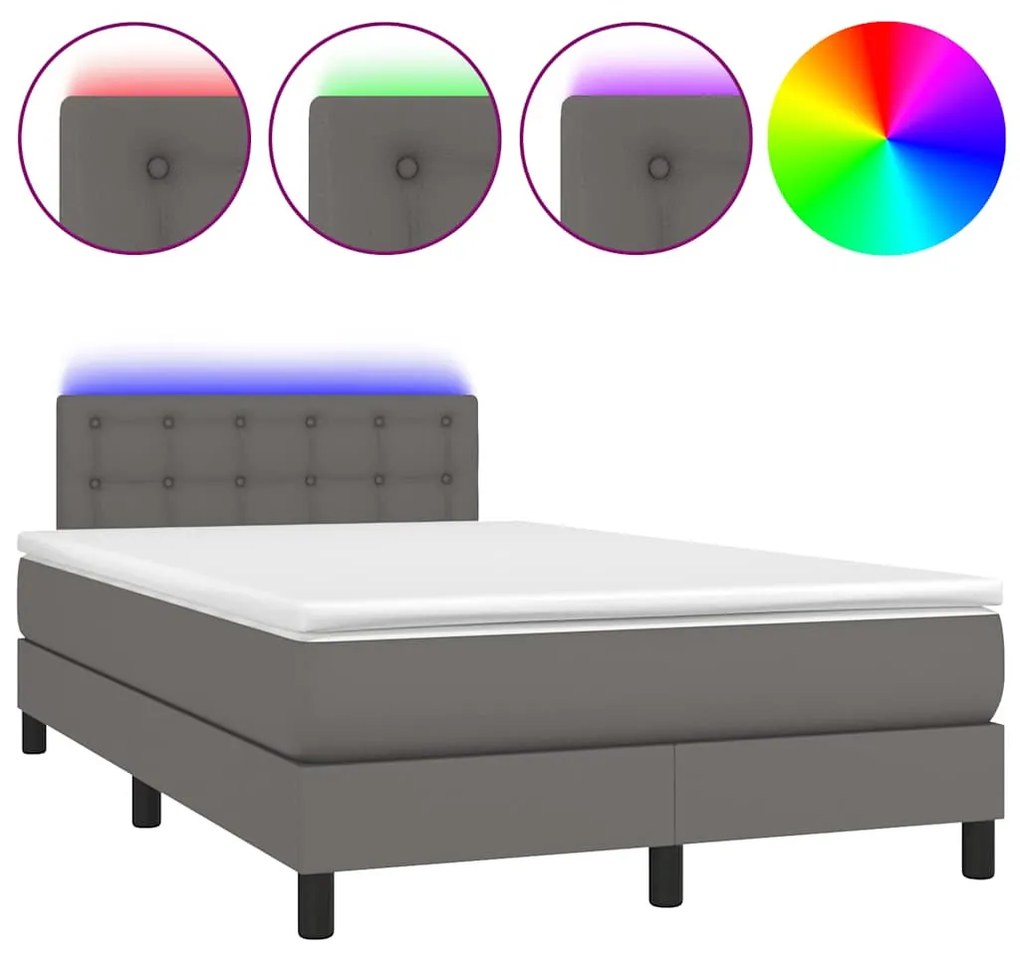 szürke műbőr rugós és LED-es ágy matraccal 120x190 cm