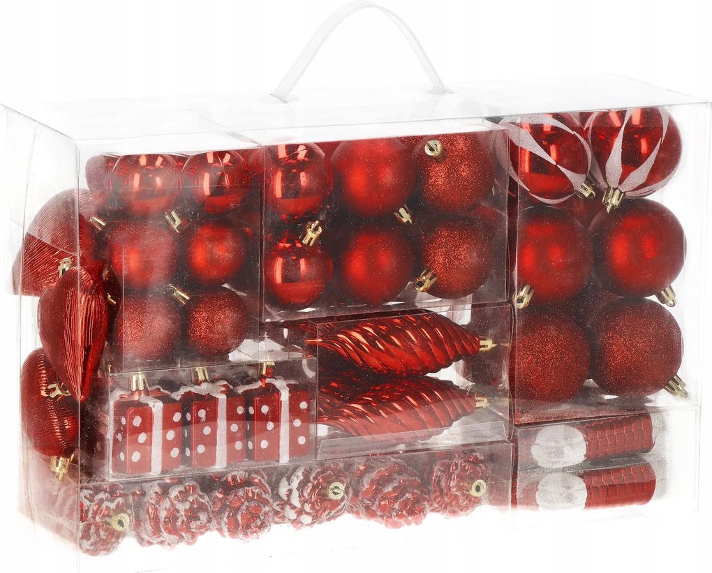 Karácsonyfa Bombák 72db-OS Karácsonyfa Szett Törhetetlen Piros Karácsonyi Díszek