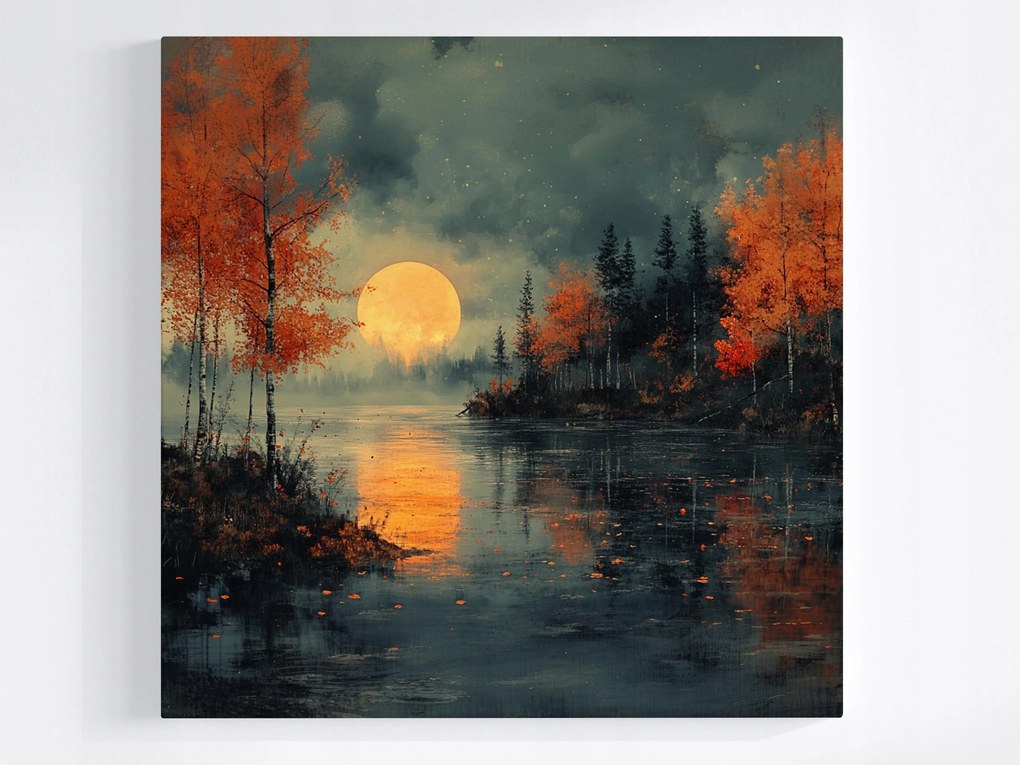 Poszter Tájkép Tó Fák Hold Este Éjszaka 80x80