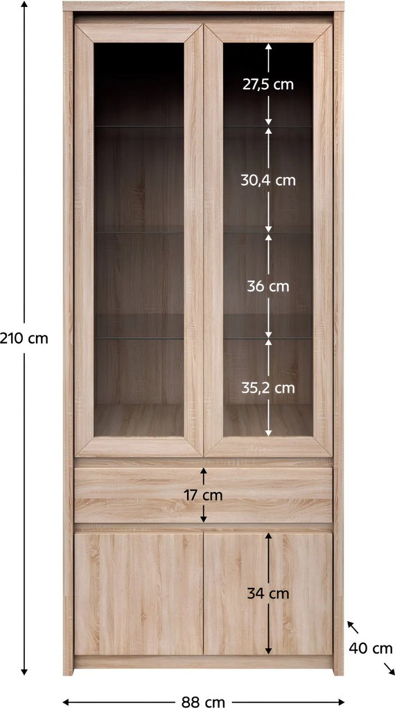 Vitrines szekrény, DTD laminált, tölgy sonoma, NORTY TYP 3