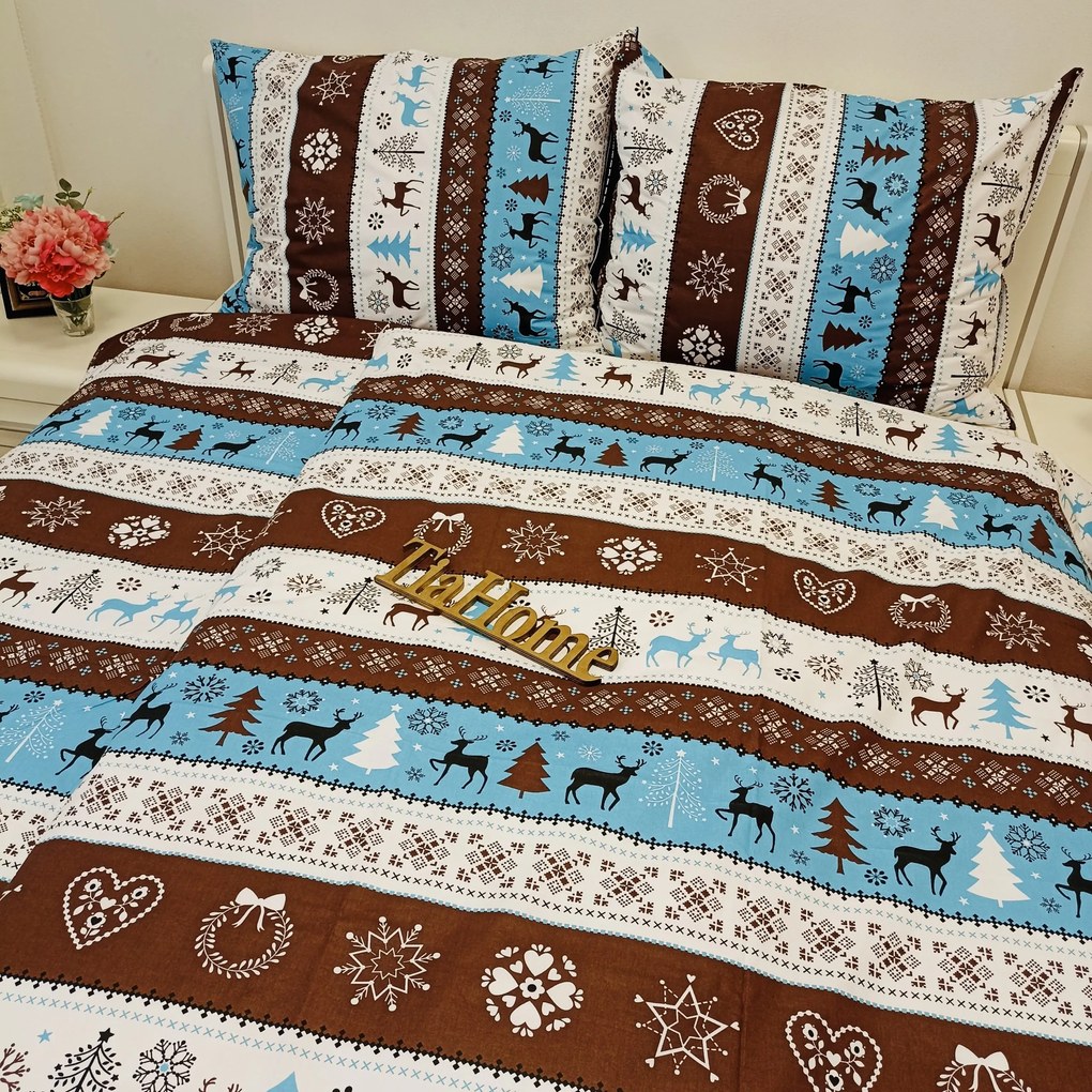 Pamut lepedők Karácsonyi lepedők Rénszarvas türkiz TiaHome - 1x Párna 90x70cm, 1x Paplan 140x200cm