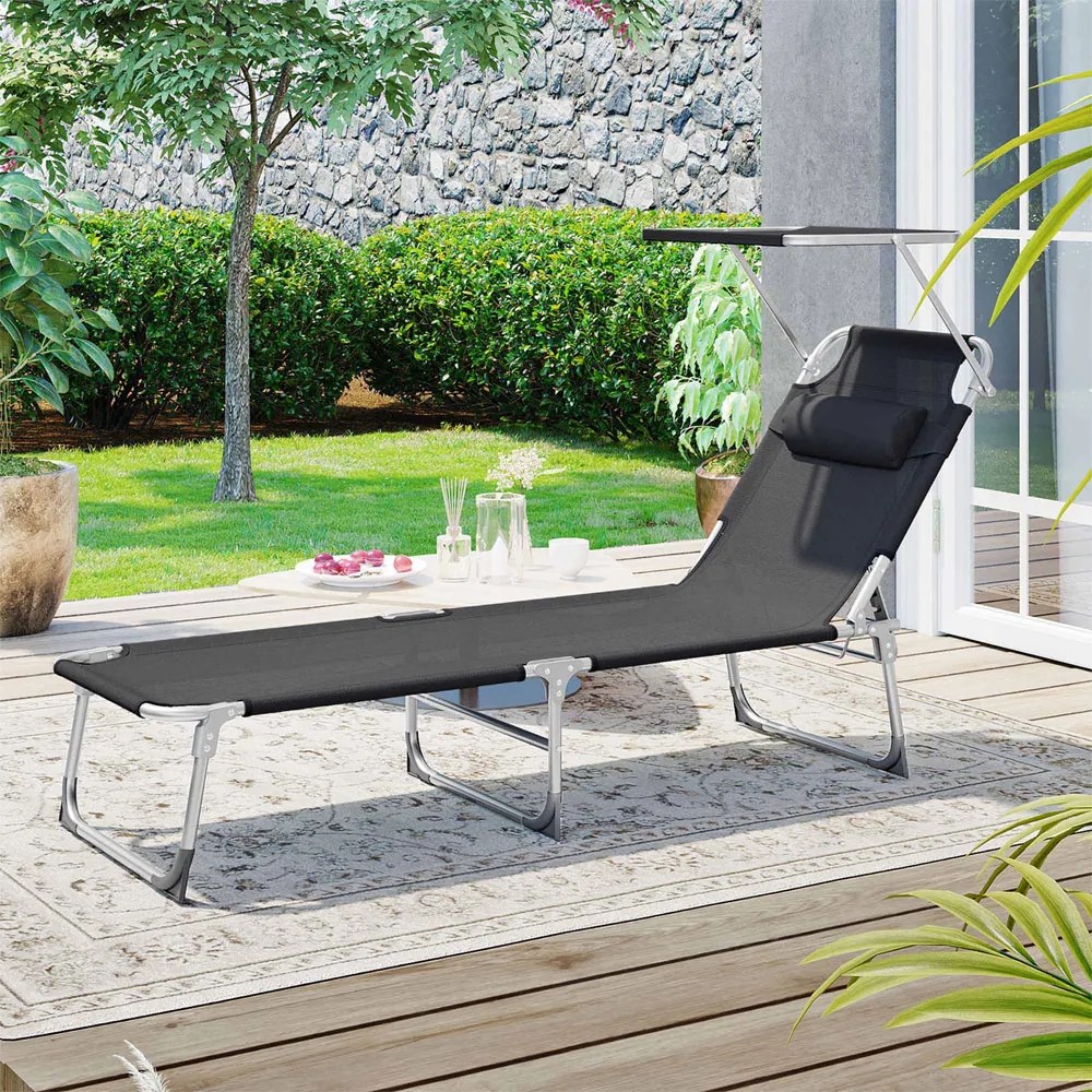 LAGUNA kerti napozóágy állítható napellenzővel, 193x53x29cm, fekete SongmicsHome