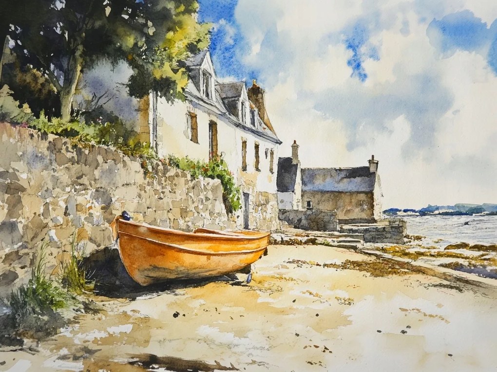 Vászonkép Canvas Akvarell Tájkép Tenger Hajó Tengerpart Ház TENGERPART100x75